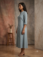 Elegant Slate Blue Ditsy Print Button-Down Dress