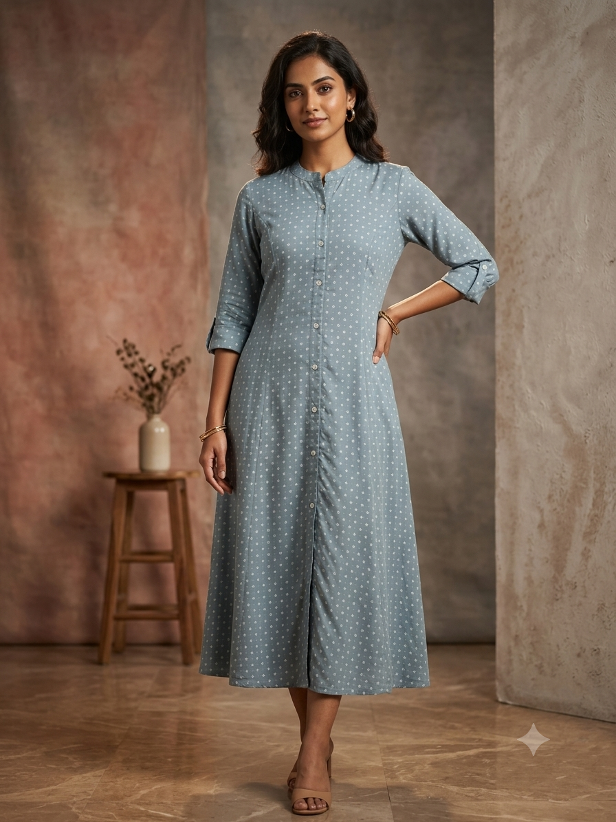 Elegant Slate Blue Ditsy Print Button-Down Dress