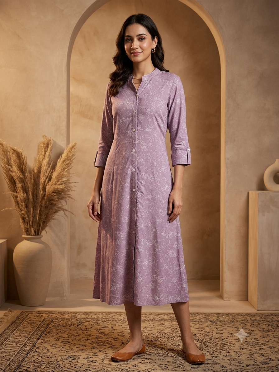 Elegant Lavender Floral A-Line Button-Down Kurti