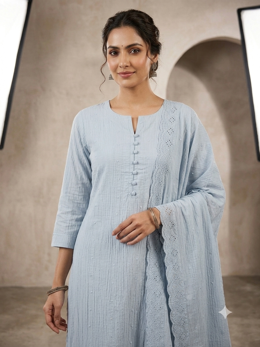 Elegant Powder Blue Textured Kurta Set with Cutwork Dupatta