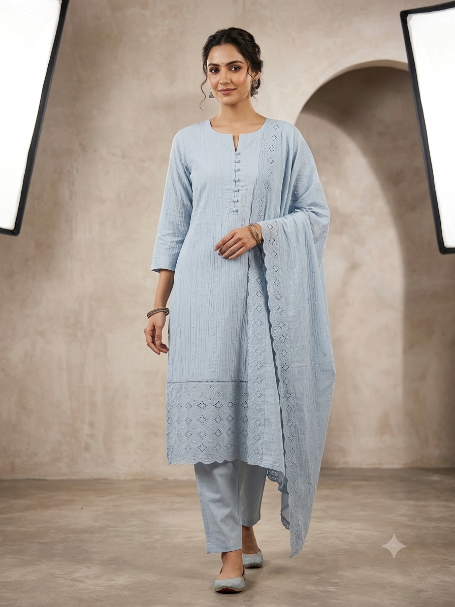 Elegant Powder Blue Textured Kurta Set with Cutwork Dupatta