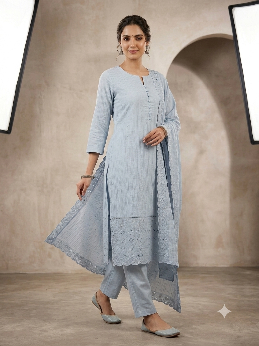 Elegant Powder Blue Textured Kurta Set with Cutwork Dupatta