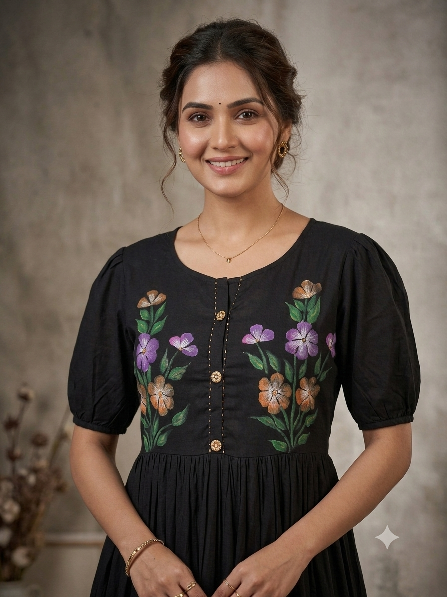 Hand brush painted Midnight Bloom Artisan Maxi Dress