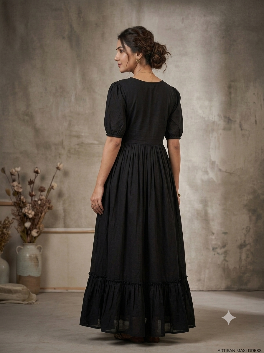 Hand brush painted Midnight Bloom Artisan Maxi Dress
