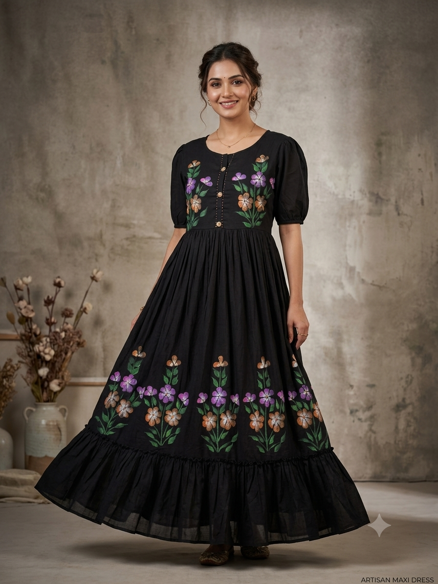 Hand brush painted Midnight Bloom Artisan Maxi Dress