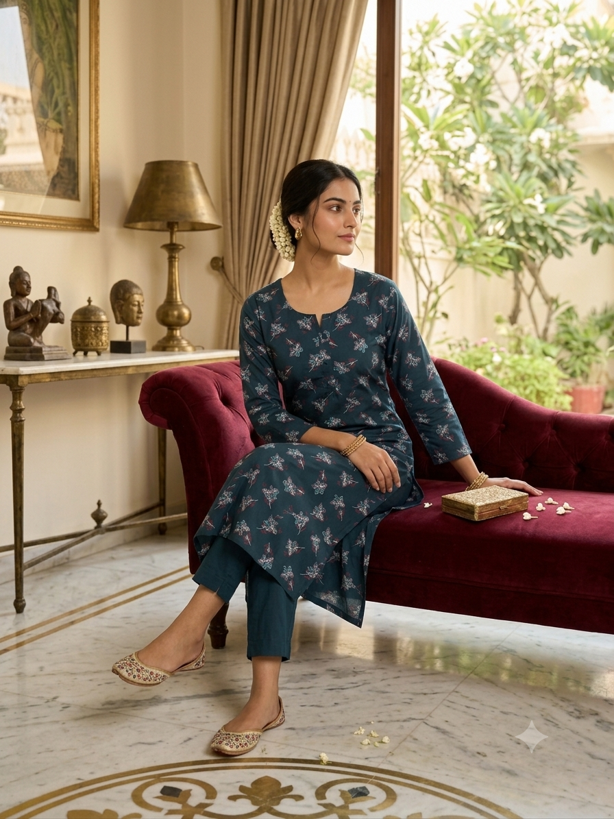 Midnight Bloom Printed Straight Kurta