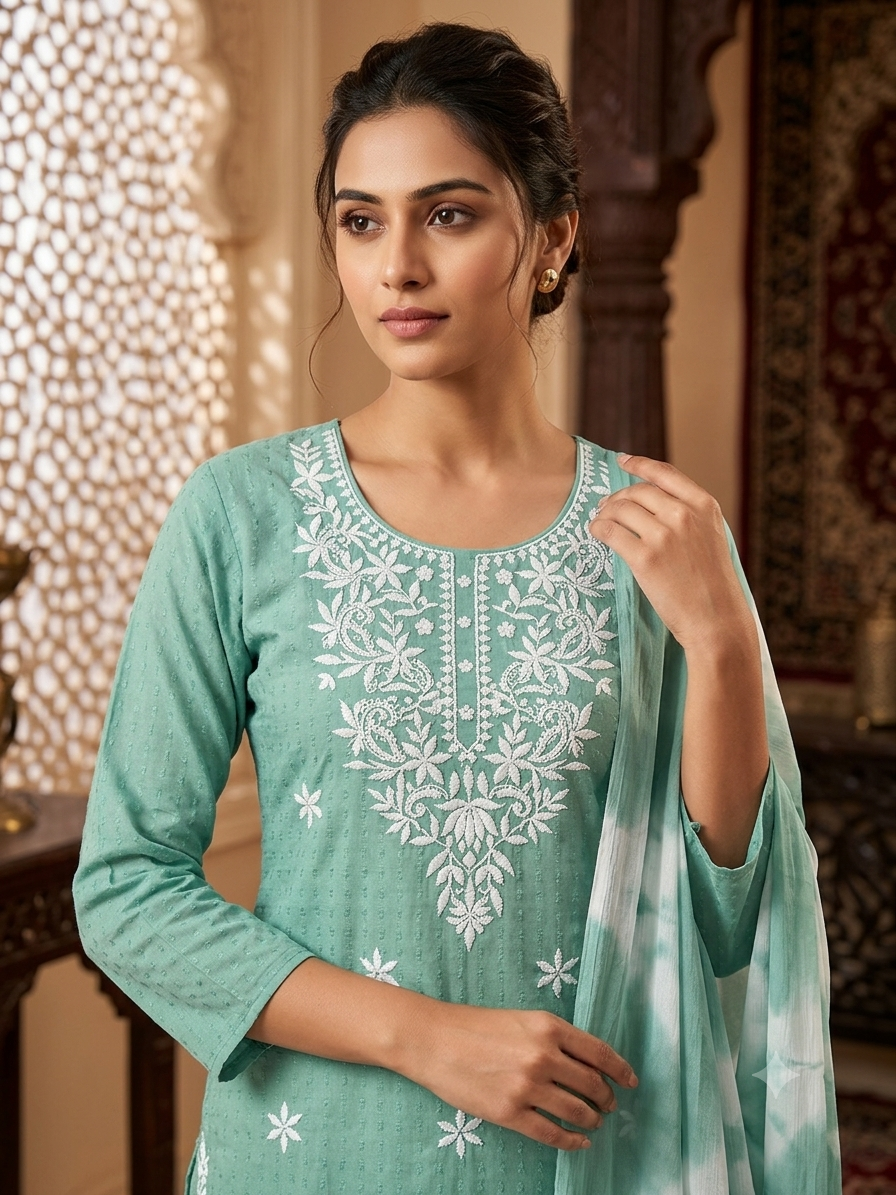 Elegant Mint Green Embroidered Kurta Set with Tie-Dye Dupatta