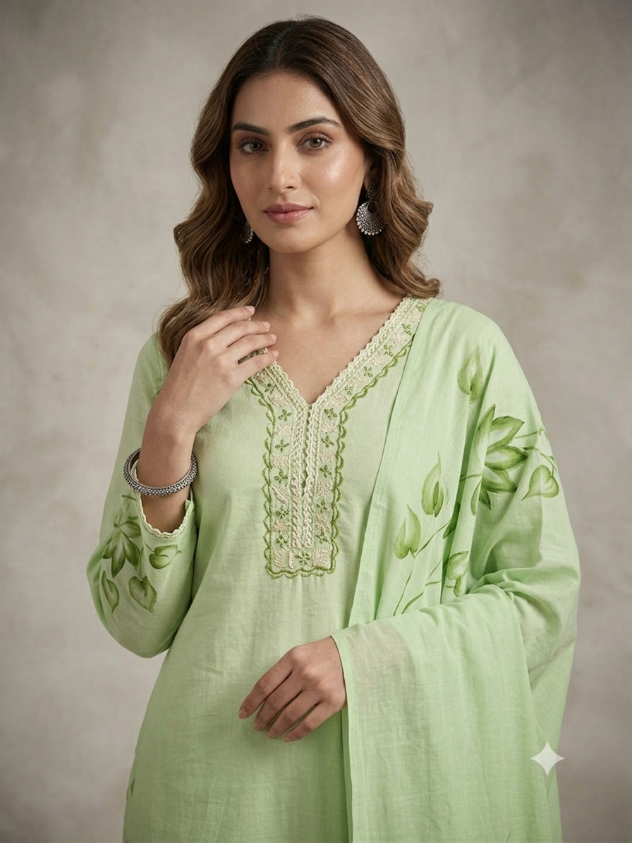 Hand Brush Painted Verdant Mint Botanical Kurta Set