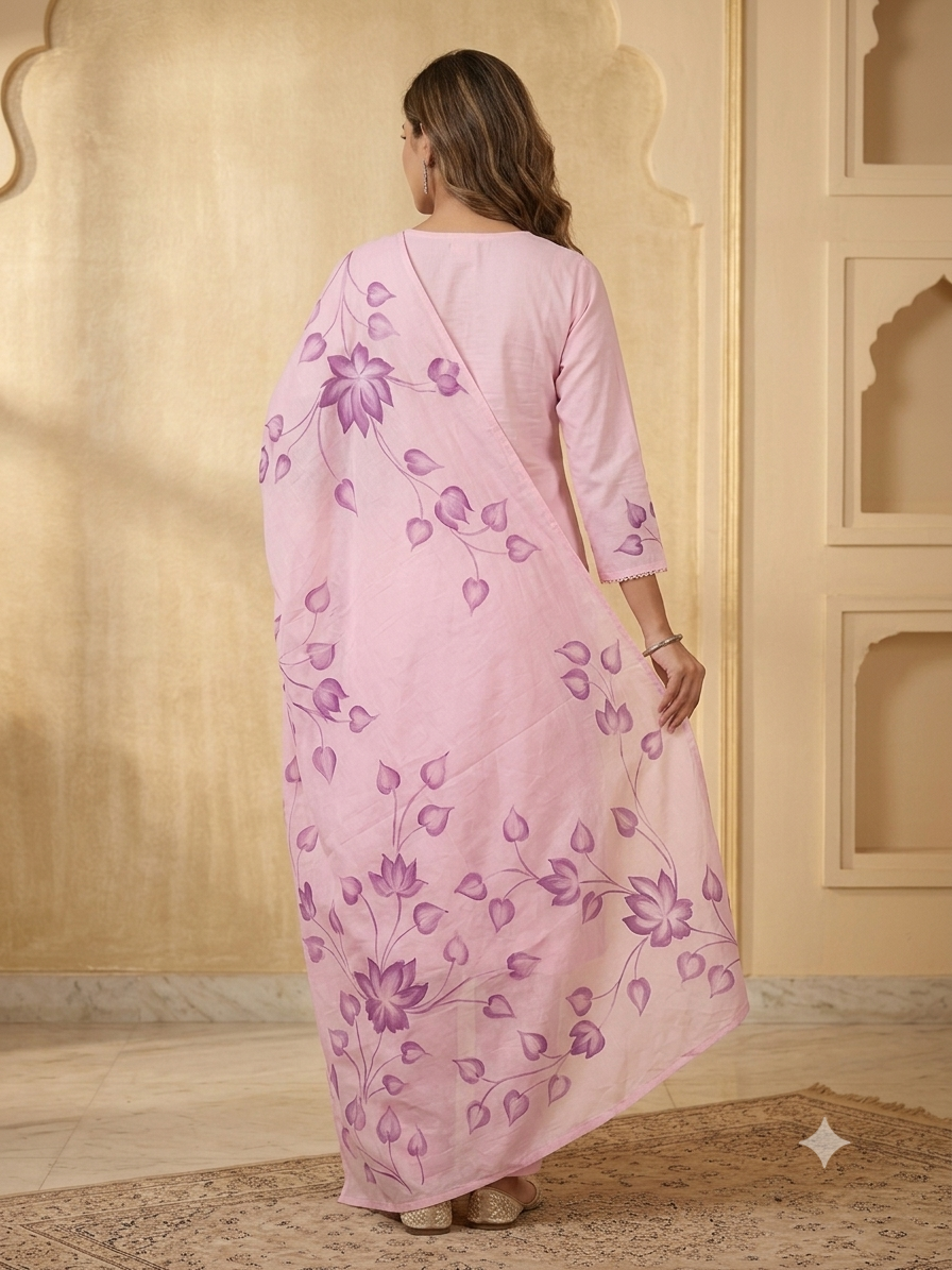 Hand Brush Painted Blush Pink Floral Artistry Kurta Set with Dupatta
