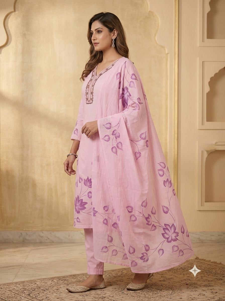 Hand Brush Painted Blush Pink Floral Artistry Kurta Set with Dupatta