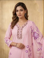 Hand Brush Painted Blush Pink Floral Artistry Kurta Set with Dupatta