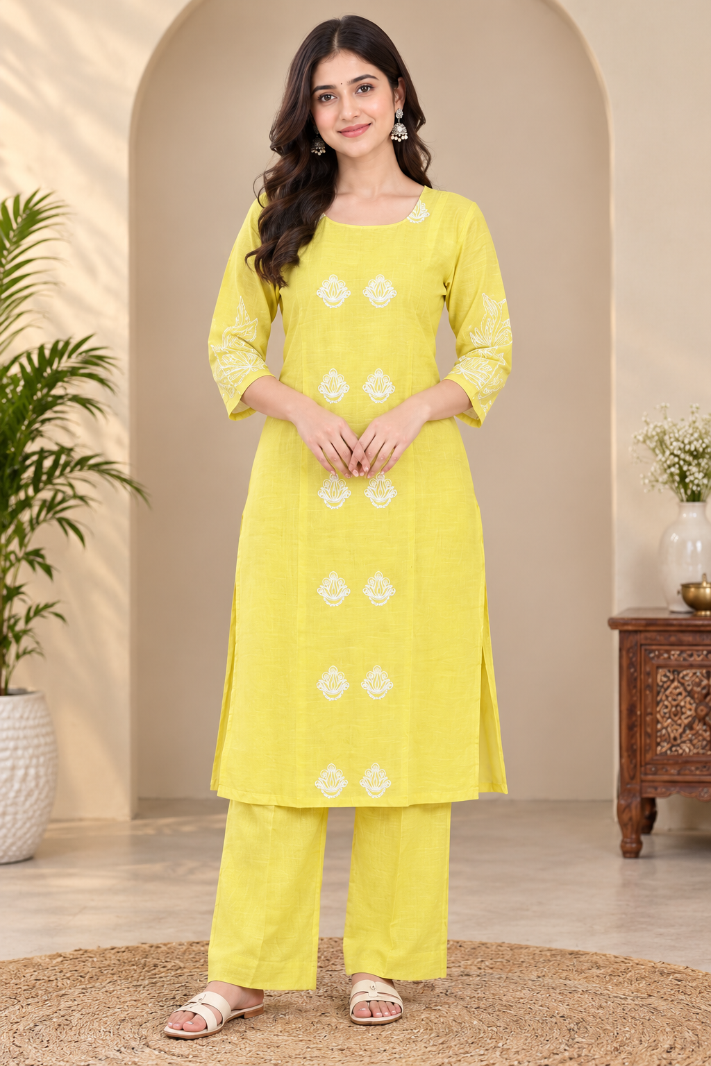 Lemon Yellow Embroidered Kurta Set