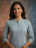 Elegant Slate Blue Ditsy Print Button-Down Dress