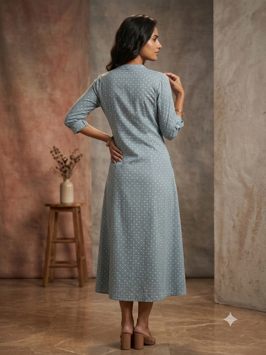 Elegant Slate Blue Ditsy Print Button-Down Dress