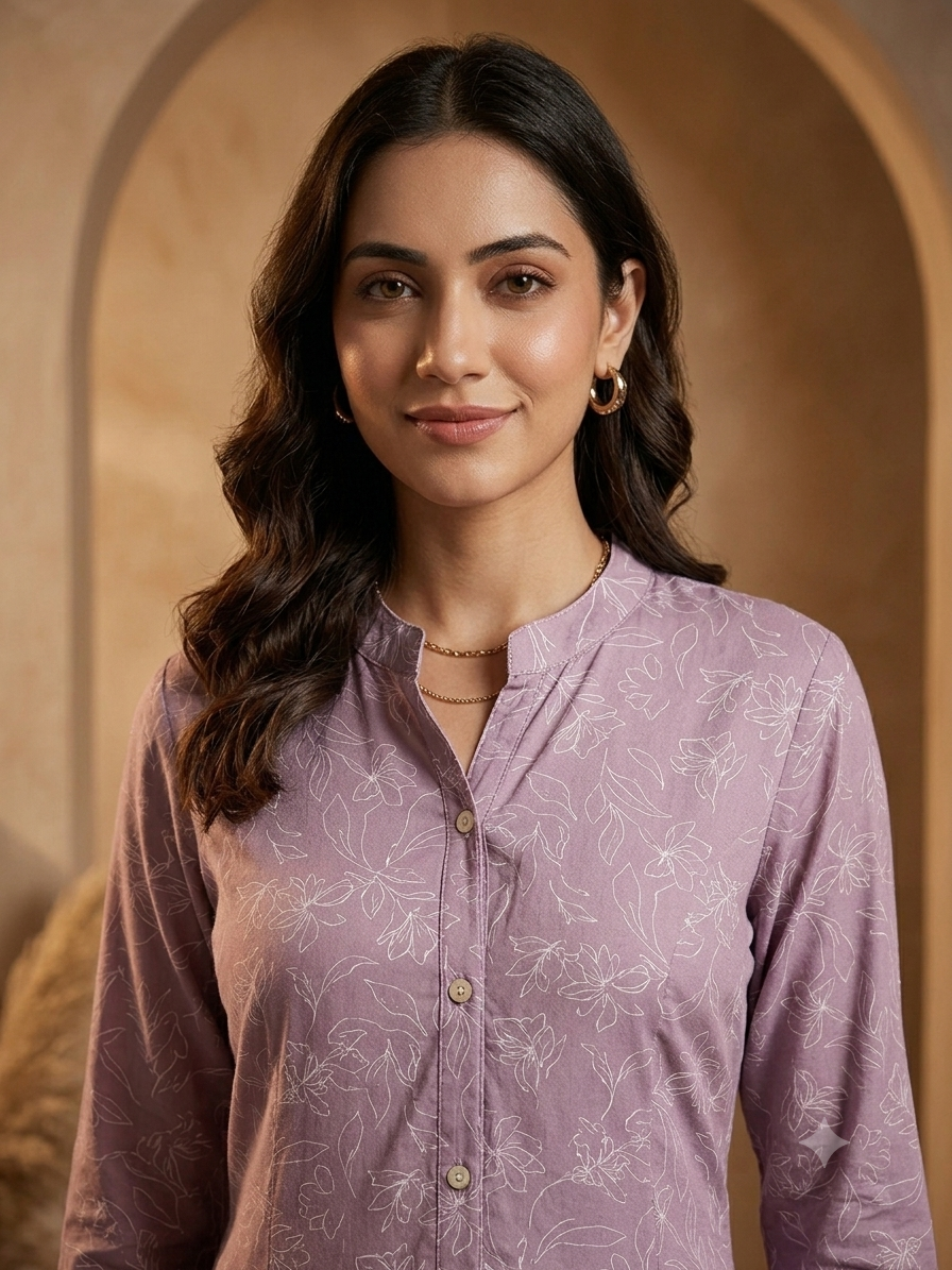 Elegant Lavender Floral A-Line Button-Down Kurti