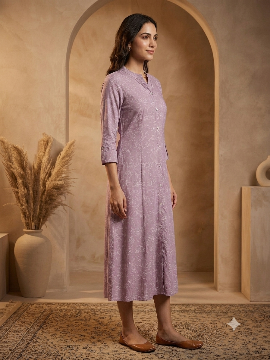 Elegant Lavender Floral A-Line Button-Down Kurti