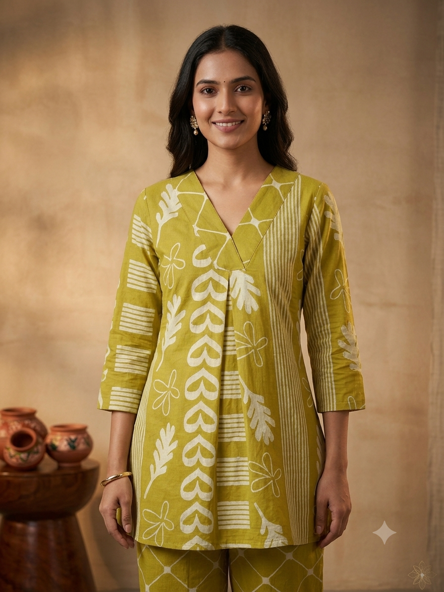 Olive Green Botanical & Geometric Print Co-ord Set