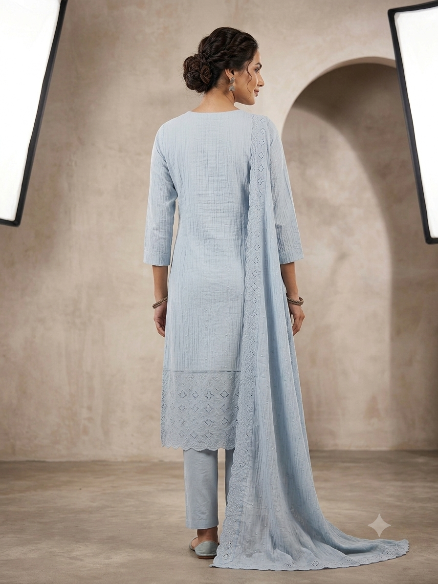 Elegant Powder Blue Textured Kurta Set with Cutwork Dupatta