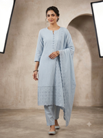 Elegant Powder Blue Textured Kurta Set with Cutwork Dupatta
