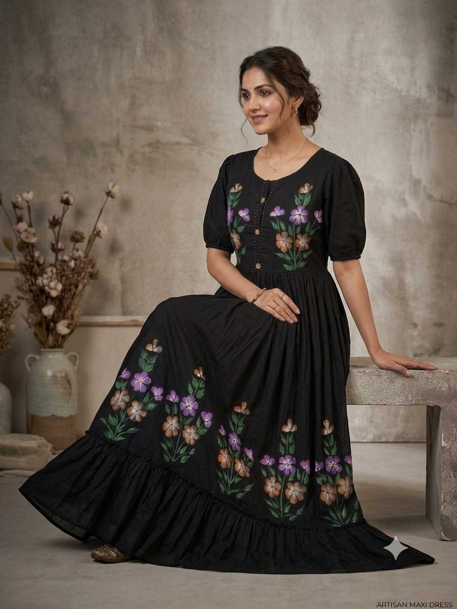 Hand brush painted Midnight Bloom Artisan Maxi Dress