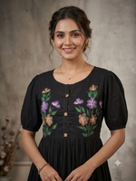 Hand brush painted Midnight Bloom Artisan Maxi Dress