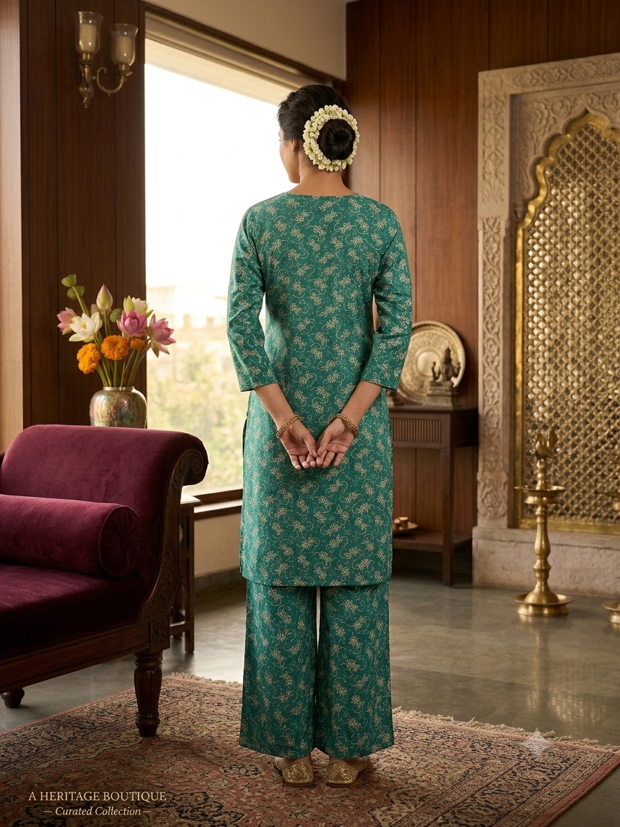 Emerald Elegance Printed Kurta & Palazzo Set