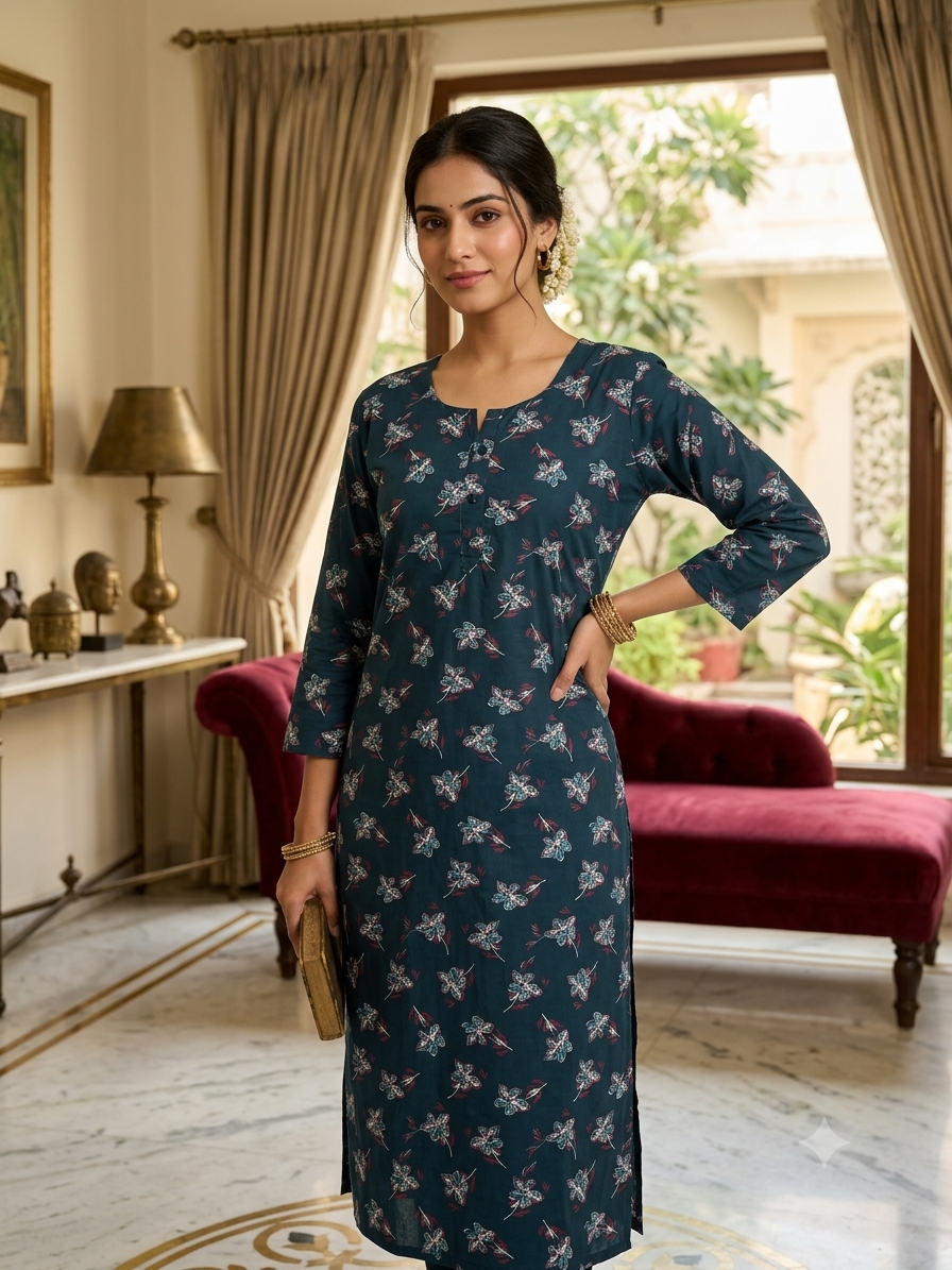 Midnight Bloom Printed Straight Kurta