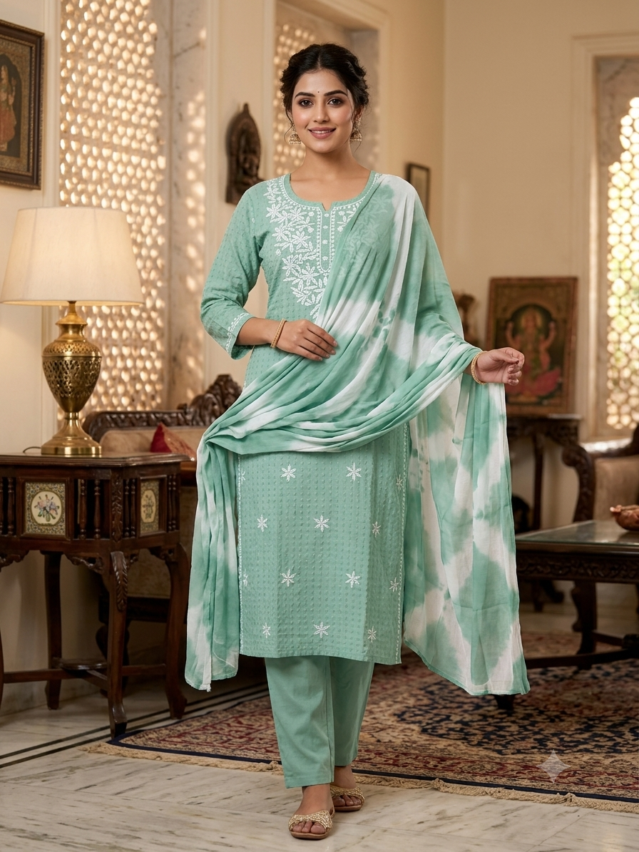 Elegant Mint Green Embroidered Kurta Set with Tie-Dye Dupatta