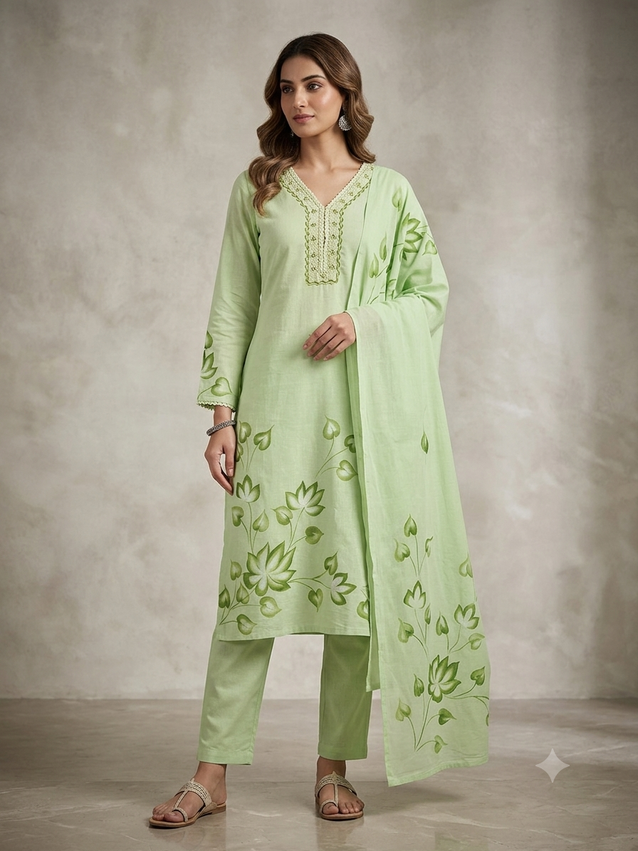 Hand Brush Painted Verdant Mint Botanical Kurta Set