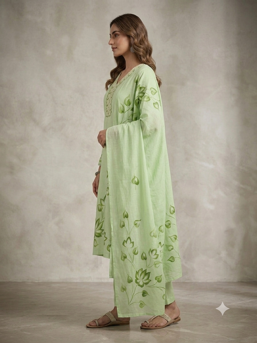 Hand Brush Painted Verdant Mint Botanical Kurta Set