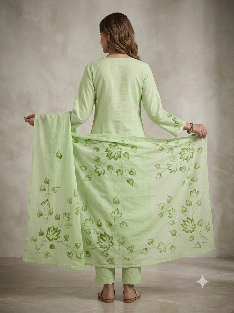 Hand Brush Painted Verdant Mint Botanical Kurta Set