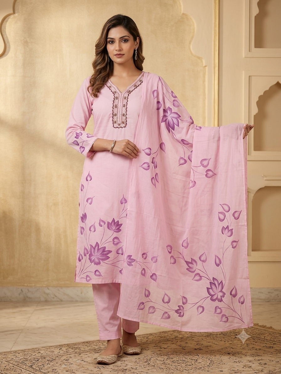 Hand Brush Painted Blush Pink Floral Artistry Kurta Set with Dupatta